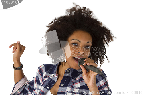 Image of Beautiful african american woman karaoke singer 