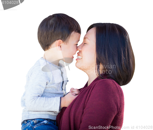 Image of Playful Young Mixed Race Chinese Mother and Son Isolated