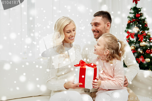 Image of happy family at home with christmas gift box