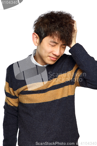 Image of Closeup portrait, stressed young asian man, hands on head with b