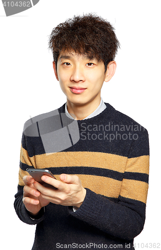 Image of Young man using mobile phone on white background