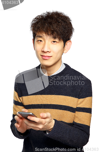 Image of Young man using mobile phone on white background