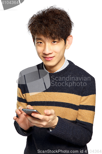 Image of Young man using mobile phone on white background