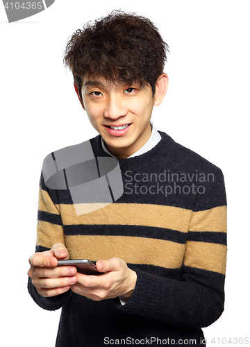 Image of Young man using mobile phone on white background