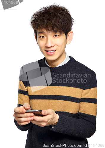 Image of Young man using mobile phone on white background