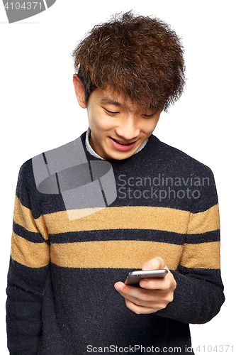 Image of Young man using mobile phone on white background