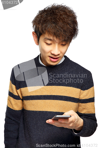 Image of Young man using mobile phone on white background