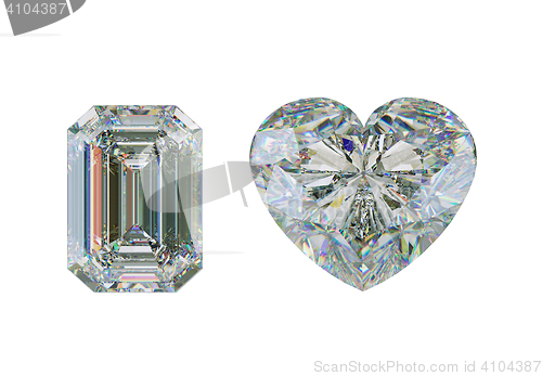 Image of Emerald cut diamond and heart shape gemstone on white