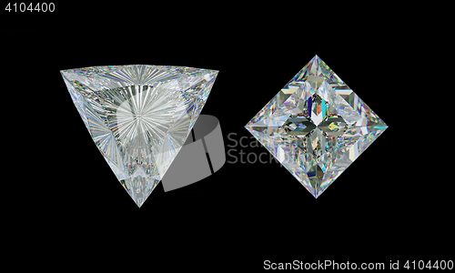 Image of Top view of trillion and princess cut diamond on black