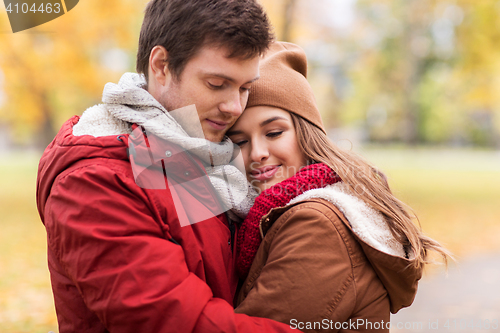 Image of close up of happy couple hugging in autumn park