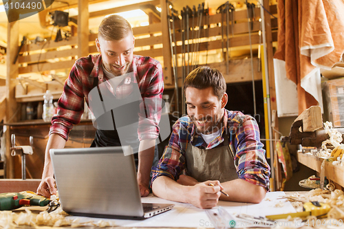 Image of carpenters with laptop and blueprint at workshop