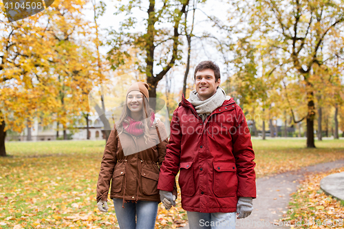 Image of happy young couple walking in autumn park