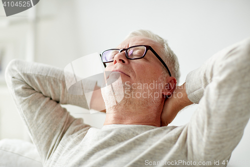 Image of senior man in glasses relaxing on sofa