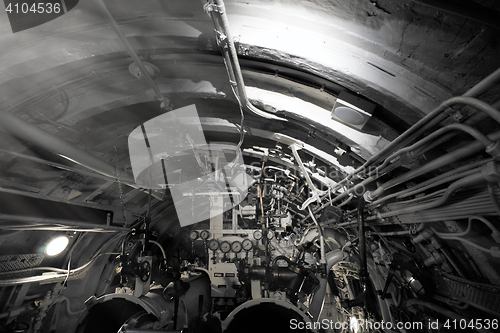 Image of Detailed view of valves and pipes in old submarine 