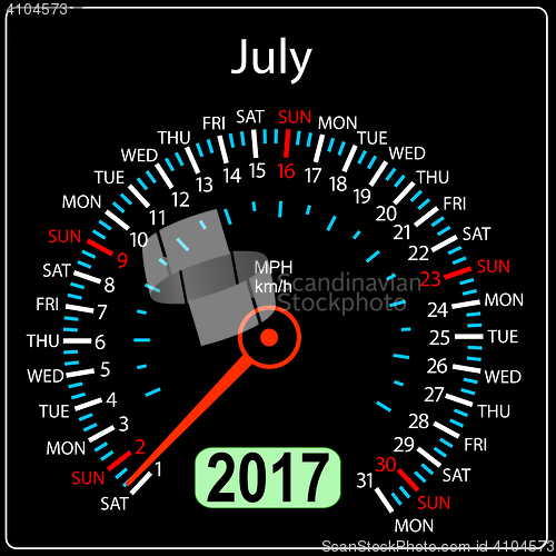 Image of year 2017 calendar speedometer car. July