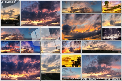 Image of Dramatic sunset like fire in the sky with golden clouds collage