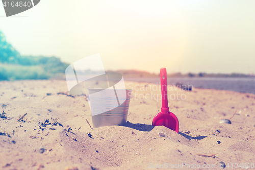 Image of Bucket and showel at a beach