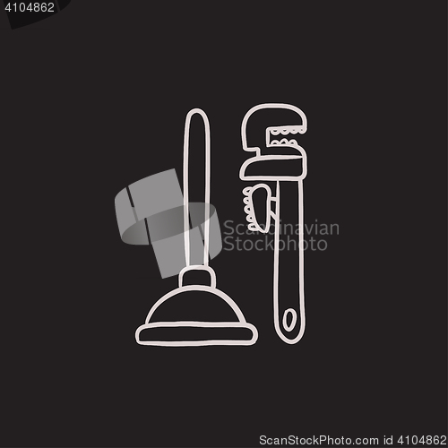 Image of Pipe wrenches and plunger sketch icon.