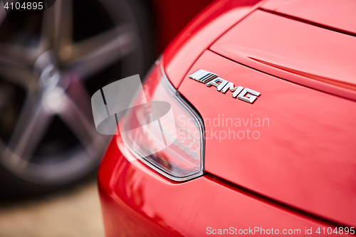 Image of Kiev, Ukraine - OCTOBER 4, 2016: Mercedes Benz star experience. The interesting series of test drives. Logo AMG and tail light closeup.