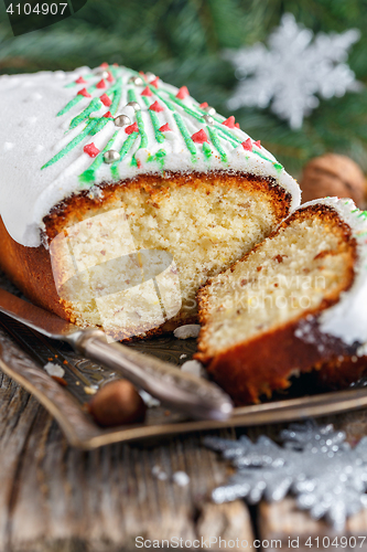 Image of Piece of Christmas cake close up.