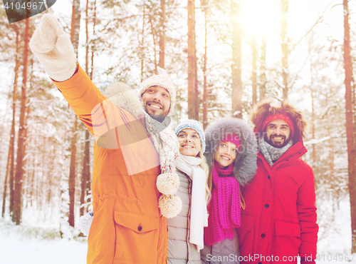 Image of group of smiling men and women in winter forest