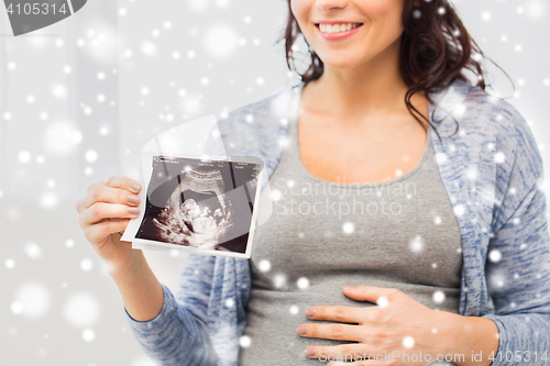 Image of close up of pregnant woman with ultrasound image