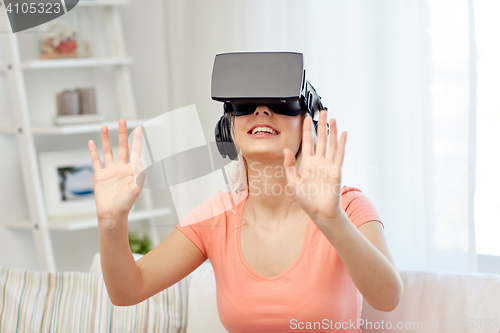 Image of woman in virtual reality headset or 3d glasses