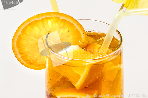 Image of Close up orange cooler cocktail with drinking straw on white background