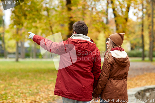 Image of happy young couple walking in autumn park