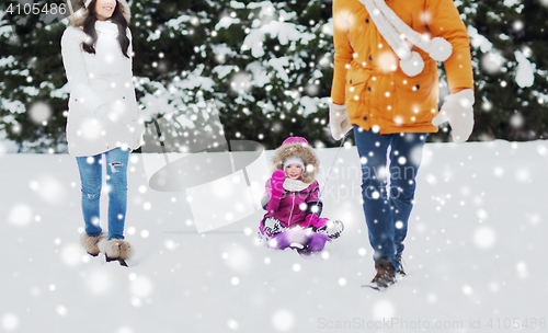 Image of happy family with sled walking in winter forest