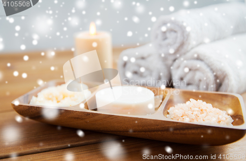 Image of soap, himalayan salt and body scrub in bowl