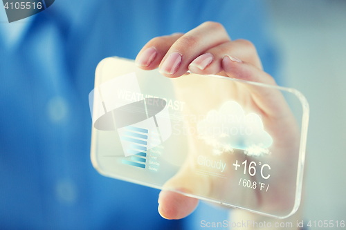 Image of close up of woman with weather cast on smartphone