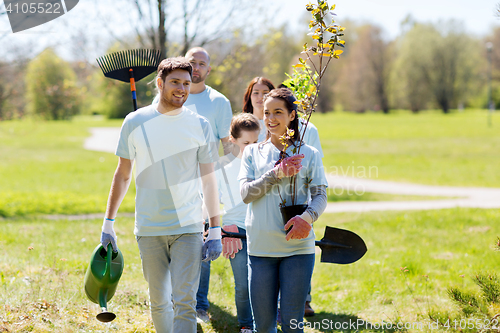 Image of group of volunteers with trees and rake in park