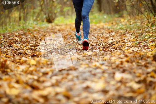 Image of Woman in sneakers running autumn