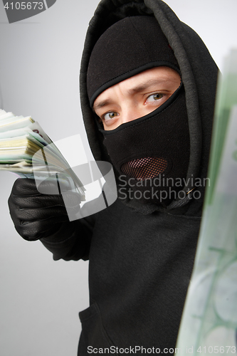 Image of Robber in mask holding banknotes