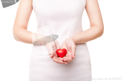 Image of Valentines woman holding heart. Love concept