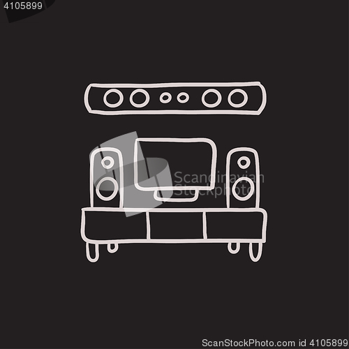 Image of TV flat screen and home theater sketch icon.