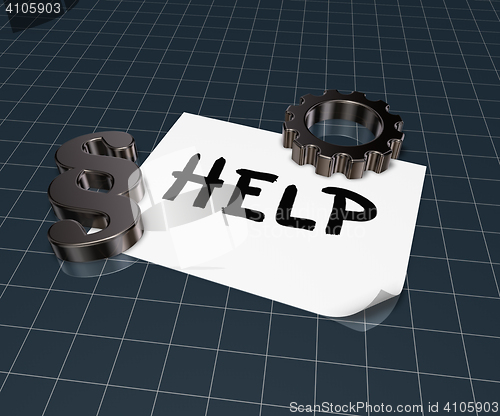 Image of the word help on paper sheet, paragraph symbol and gear wheel - 3d rendering