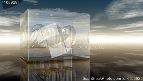 Image of number two hundred in glass cube under cloudy sky - 3d rendering