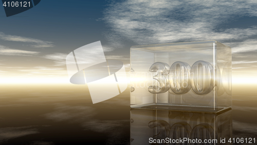 Image of number three hundred in glass cube under cloudy sky - 3d rendering