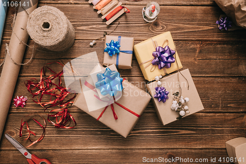 Image of From above view of wrapped presents 