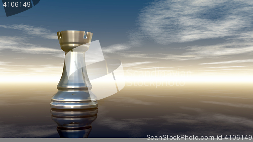 Image of metal chess rook under cloudy sky - 3d rendering