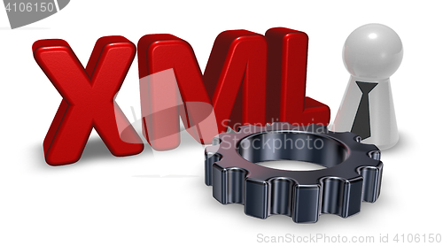 Image of xml tag, pawn with tie and gear wheel - 3d rendering