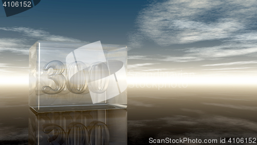 Image of number three hundred in glass cube under cloudy sky - 3d rendering