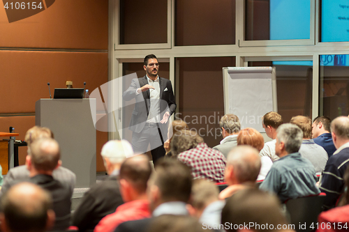 Image of Business speaker giving a talk in conference hall.