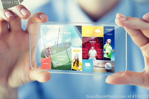 Image of close up of woman with transparent smartphone