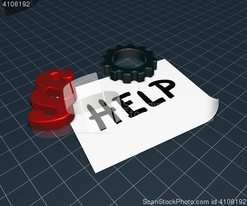 Image of the word help on paper sheet, paragraph symbol and gear wheel - 3d rendering