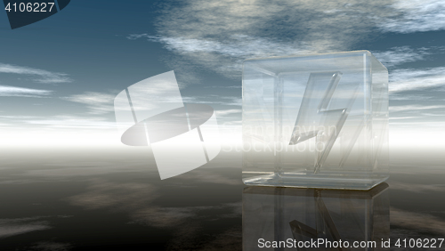 Image of flash symbol in glass cube under cloudy sky - 3d rendering