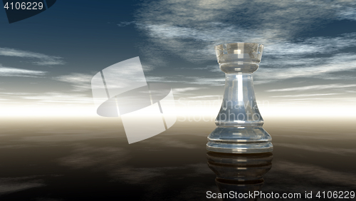 Image of glass chess rook under cloudy sky - 3d rendering