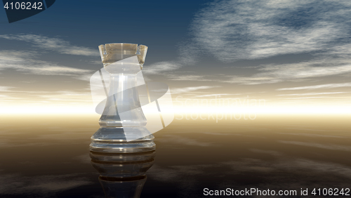 Image of glass chess rook under cloudy sky - 3d rendering